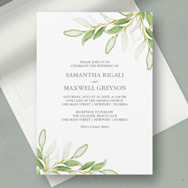 Convites de Casamento Aquarela com Folhagem (wedding invitation sage green botanical watercolor greenery unique art by Victoria Grigaliunas )