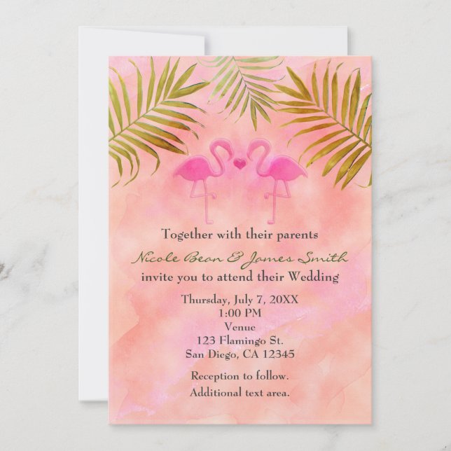 Convites de Casamento Aquarela Dois Flamingos Rosa (Frente)