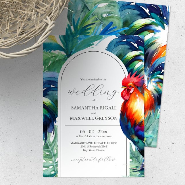 Convites de Casamento Aquarela Key West Flórida (Bright color wedding invitations features unique rooster, palm tree and leaves watercolor art.)