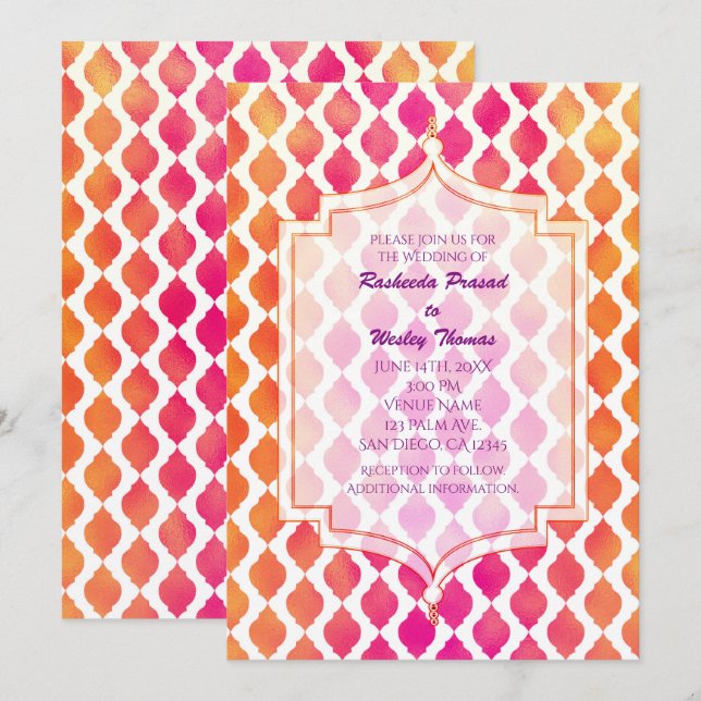 Convites de Casamento Árabes Marroquinos Rosa e La (Frente/Verso)
