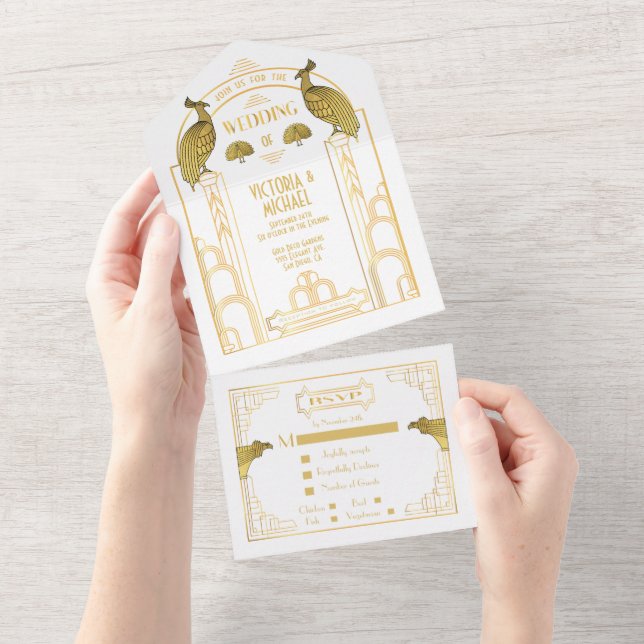 Convites de Casamento Art Deco Pavão Dourado e Bra (Aba destacável)