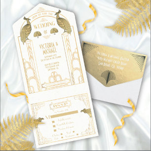Convites de Casamento Art Deco Pavão Dourado e Bra
