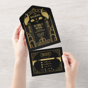 Convites de Casamento Art Deco Pavão Dourado e Pre