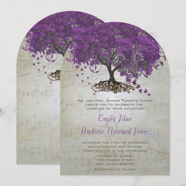 Convites de Casamento Árvore Folha Coração Roxo (Frente/Verso)