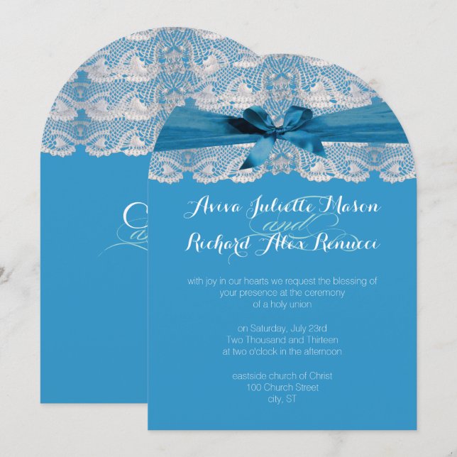 Convites de Casamento Azuis com Renda Rústica Coun (Frente/Verso)