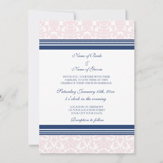 Convites De Casamento Azul Blush White Damask (Verso)