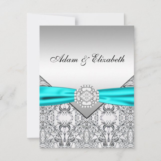 Convites de Casamento Azul Teal Prata Elegantes (Frente)