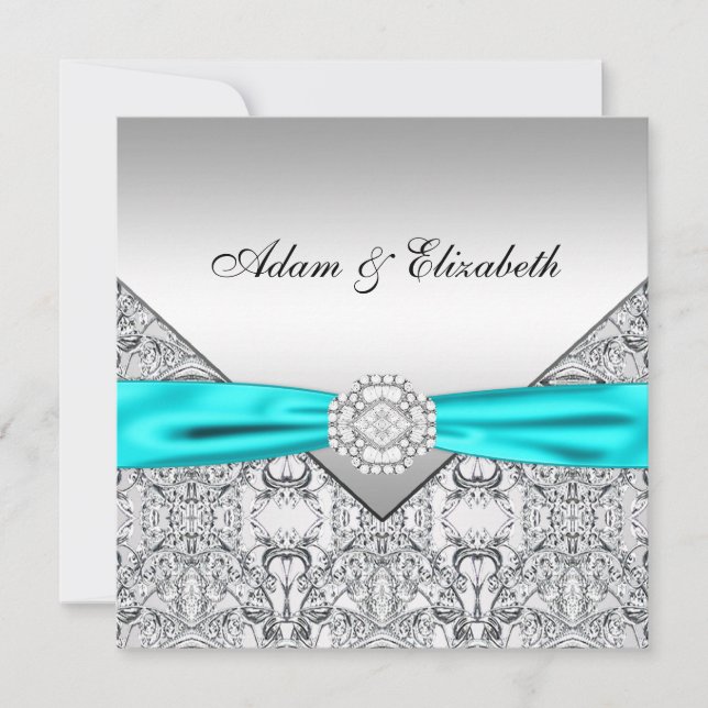 Convites de Casamento Azul Teal Prata Elegantes (Frente)
