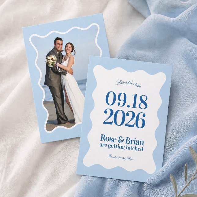 Convites de casamento Blue Wavy Cabana (Criador carregado)