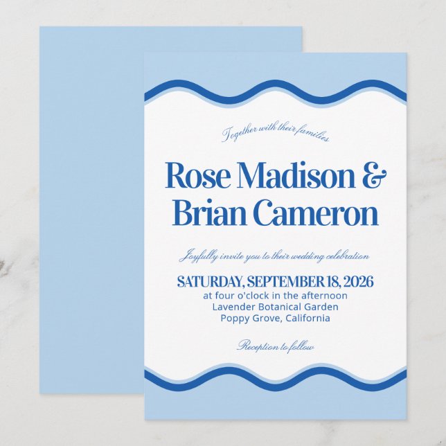 Convites de Casamento Blue Wavy Cabana (Frente/Verso)