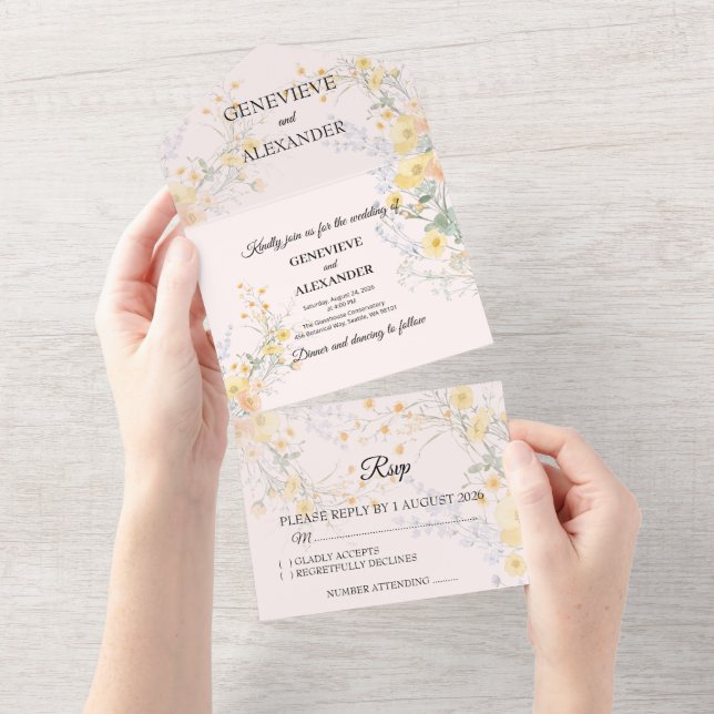 Convites de Casamento Blush Peach Wildflowers All  (Aba destacável)