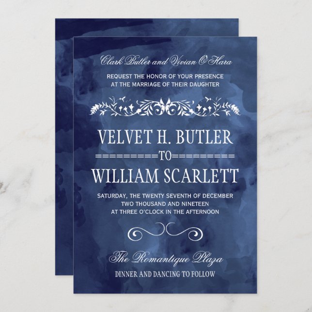 Convites de casamento Boêmian de marinho Watercolo (Frente/Verso)