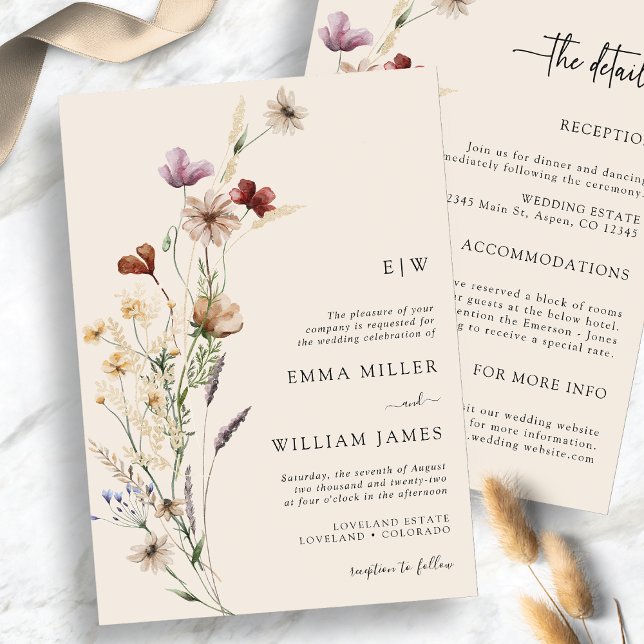 Convites de Casamento Boho Floral Tudo-em-Um (Boho Floral All-In-One Wedding Invitations
)