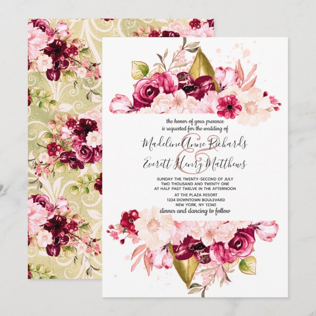 Convites de Casamento Burgundy Chic e Flores Rosa (Frente/Verso)