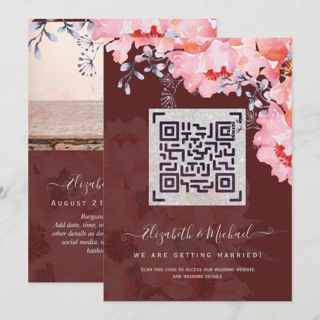 Convites de Casamento Burgundy com Código QR para  (Frente/Verso)