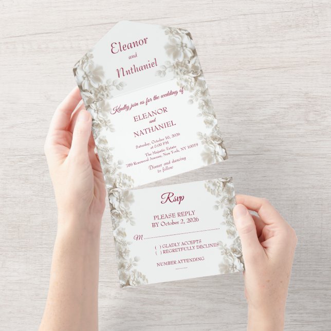 Convites de Casamento Burgundy Floral Branco Tri F (Tearaway)
