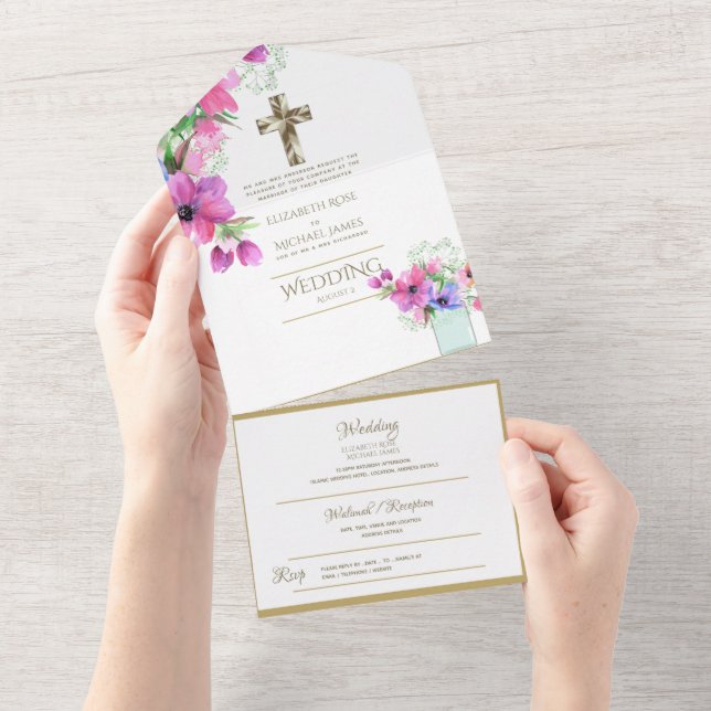 Convites de Casamento Católicos 3 em 1 Florais Dou (Aba destacável)