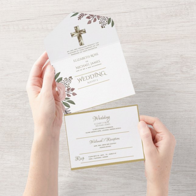 Convites de Casamento Católicos 3em1 Floral Dourad (Aba destacável)