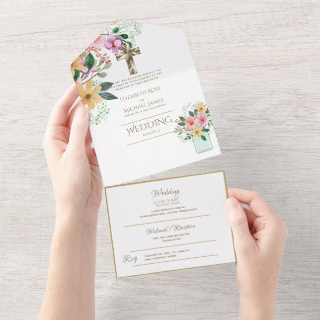 convites de casamento católicos 3in1 RSVP Dourado  (Aba destacável)