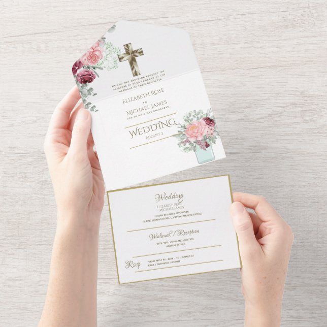 convites de casamento católicos 3in1 RSVP Dourado  (Aba destacável)