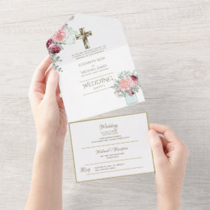 convites de casamento católicos 3in1 RSVP Dourado 