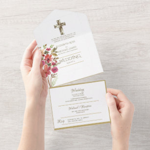 convites de casamento católicos 3in1 RSVP Dourado