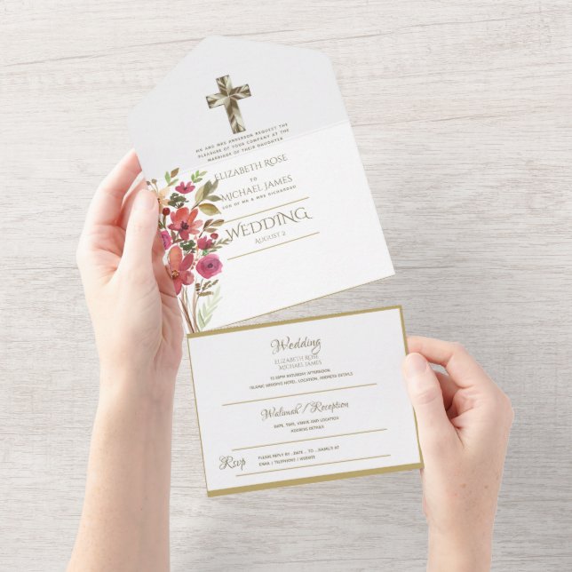 convites de casamento católicos 3in1 RSVP Dourado  (Aba destacável)