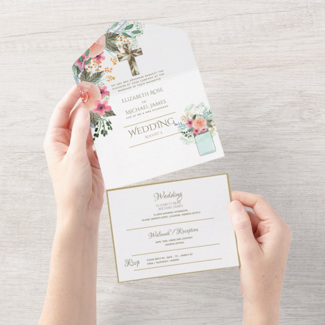 convites de casamento católicos 3in1 RSVP Dourado  (Aba destacável)