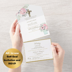 convites de casamento católicos 3in1 RSVP Dourado