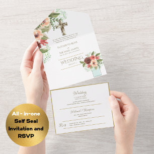 convites de casamento católicos 3in1 RSVP Dourado