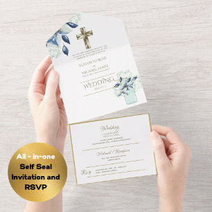 convites de casamento católicos 3in1 RSVP Dourado 
