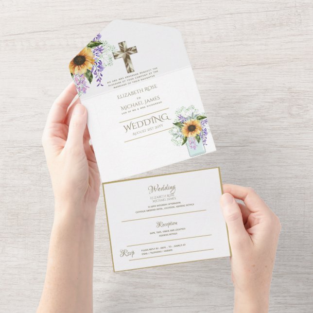 convites de casamento católicos 3in1 RSVP Dourado  (Aba destacável)