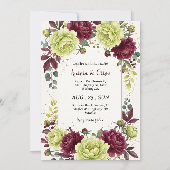 convites de casamento chartreuse e burgundy (Frente)