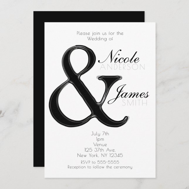 Convites de Casamento Chic Ampersand Preto e Branc (Frente/Verso)