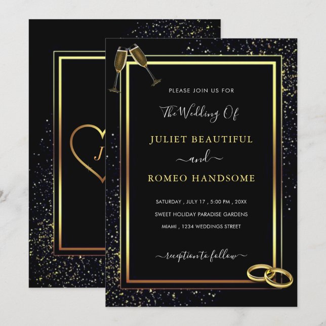 Convites de Casamento com Brilho Ouro Preto Exempl (Frente/Verso)