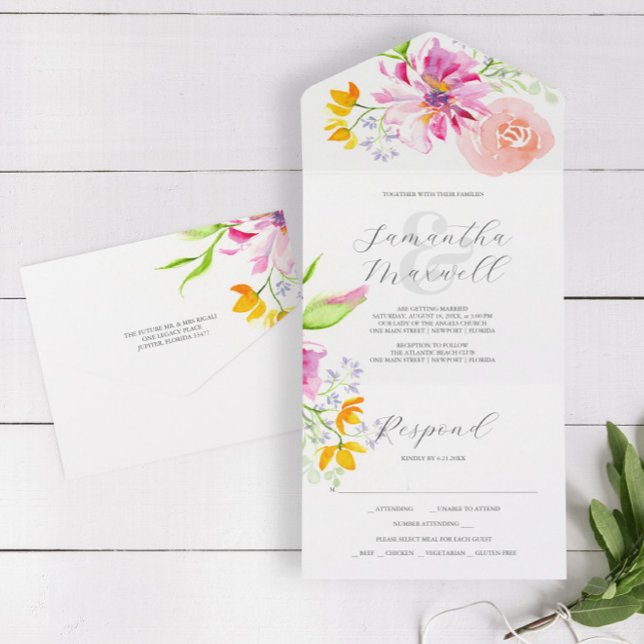Convites de Casamento com Cartão de Resposta Flore (Affordable wedding invitation with rsvp card watercolor pink floral art by Victoria Grigaliunas)