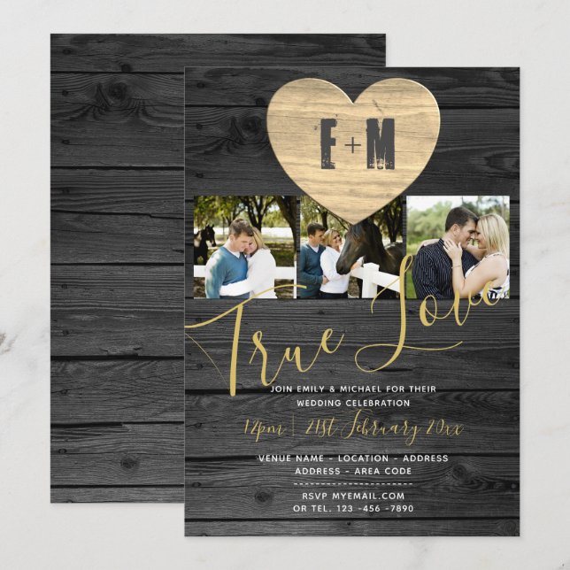 Convites de Casamento com Colagem de Fotos Rústica (Frente/Verso)