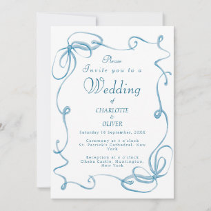 Convites de Casamento com Fita Azul em Aquarela El