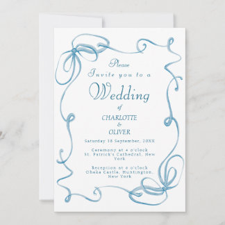 Convites de Casamento com Fita Azul em Aquarela El
