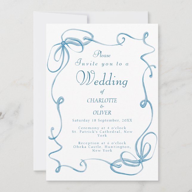 Convites de Casamento com Fita Azul em Aquarela El (Frente)
