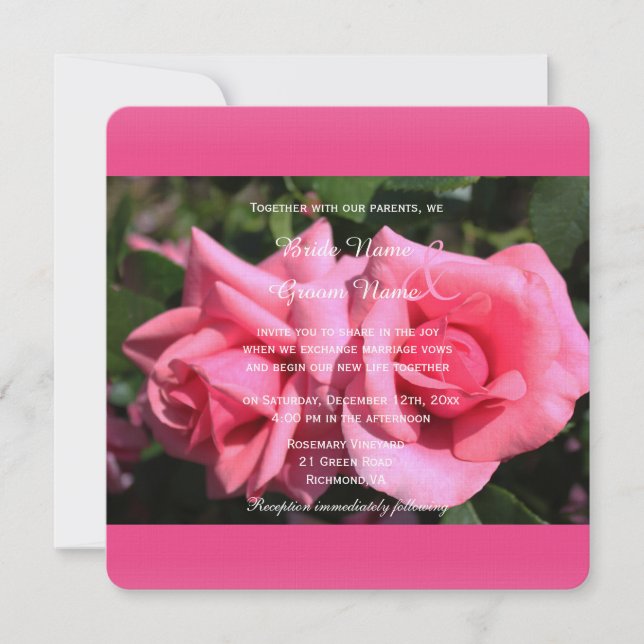 Convites de casamento com flores de rosa cor-de-ro (Frente)