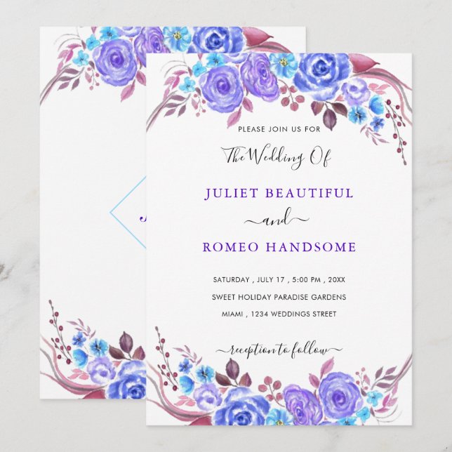 Convites de Casamento com Flores em Aquarela Exemp (Frente/Verso)