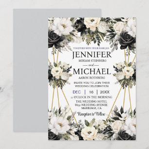 Convites de Casamento com Flores Florais Preto e B