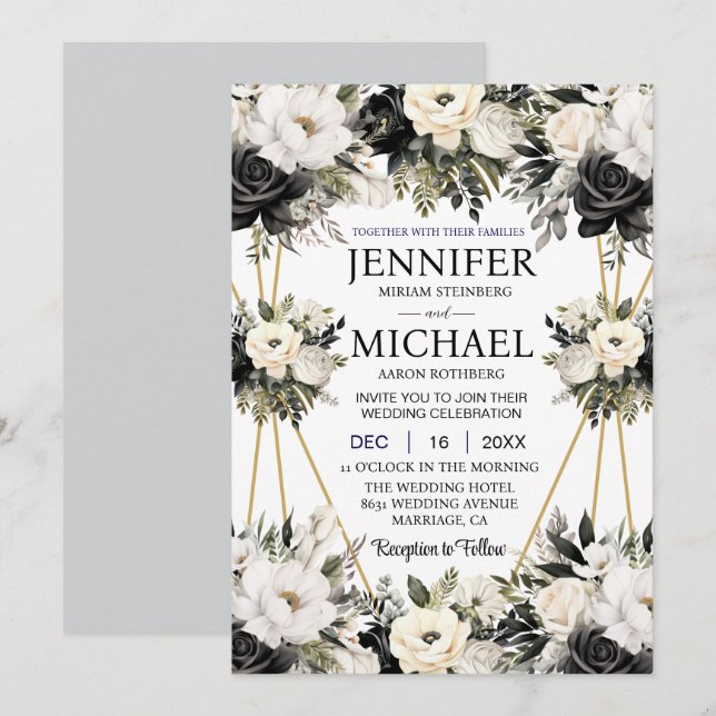 Convites de Casamento com Flores Florais Preto e B (Frente/Verso)