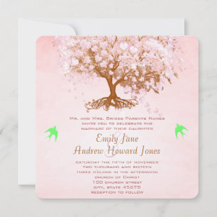 Convites de Casamento com Folhas e Coração em Rosa