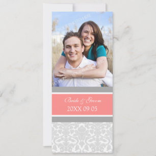 Convites de Casamento com Foto Damask Coral Cinza