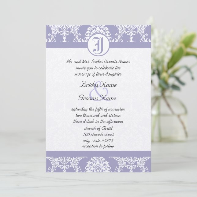 Convites de Casamento com Foto Damask Lavanda Vint (Em pé/Frente)