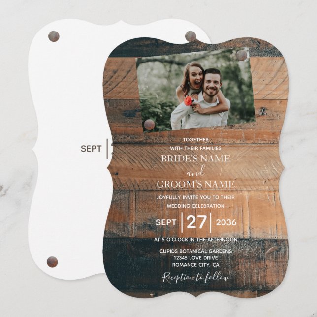 Convites de Casamento com Foto de Madeira Rústica (Frente/Verso)