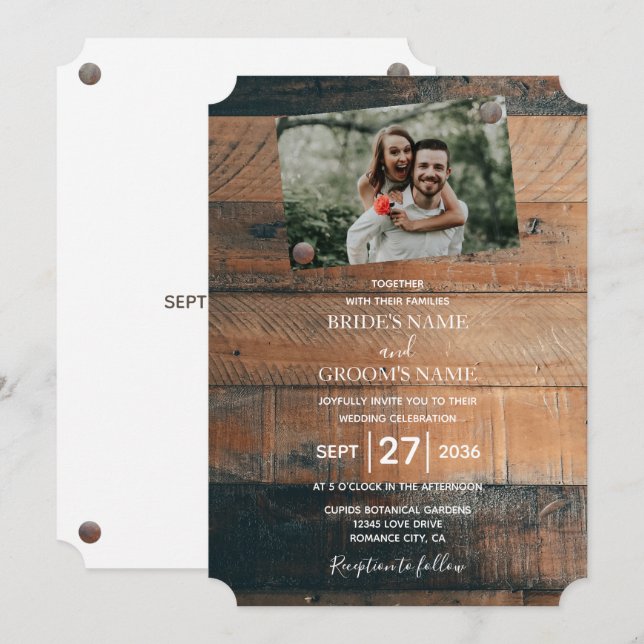 Convites de Casamento com Foto em Madeira Rústica (Frente/Verso)
