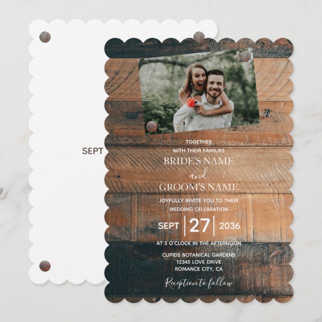 Convites de Casamento com Foto em Madeira Rústica (Frente/Verso)